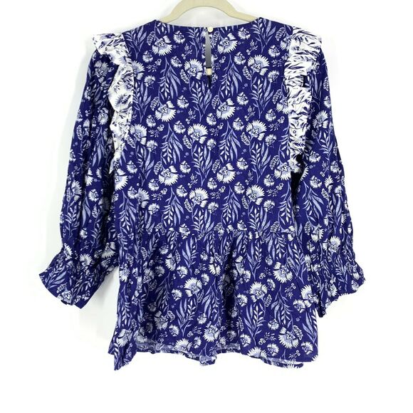 Universal Thread Blue Floral Print Puff 3/4 Sleeve Ruffle Top Blouse Size Small - Picture 8 of 8